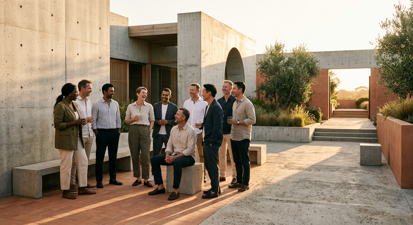 A growing group of people gathered together at golden hour