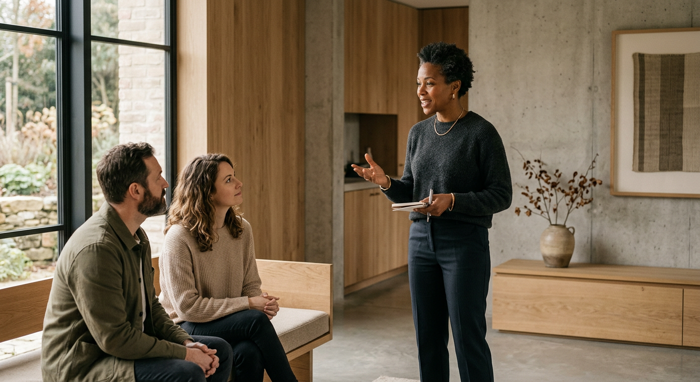 A coach speaking with two people she brought into her community