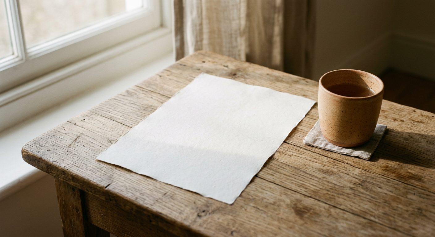 A single printed page resting on a wooden desk beside a cup