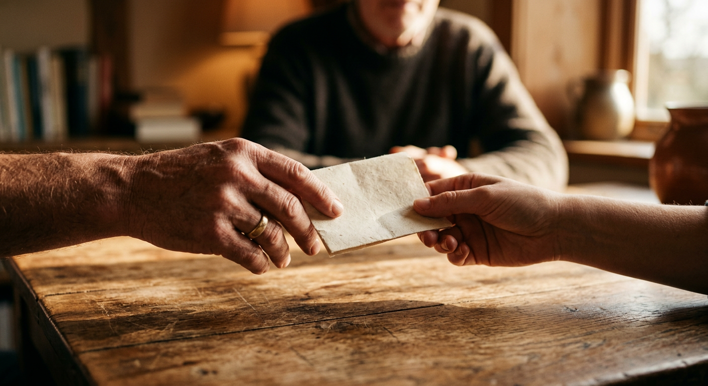 Two hands passing a handwritten invitation across a wooden table