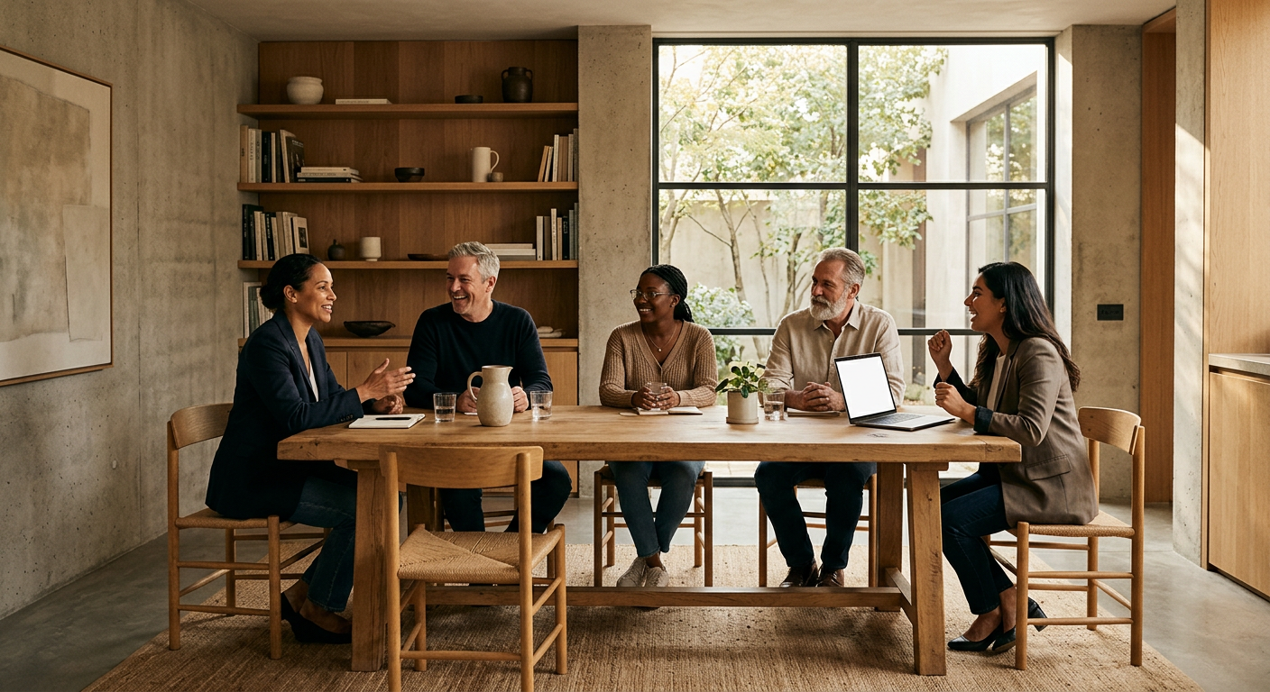 Five people gathered around a long table, mid conversation