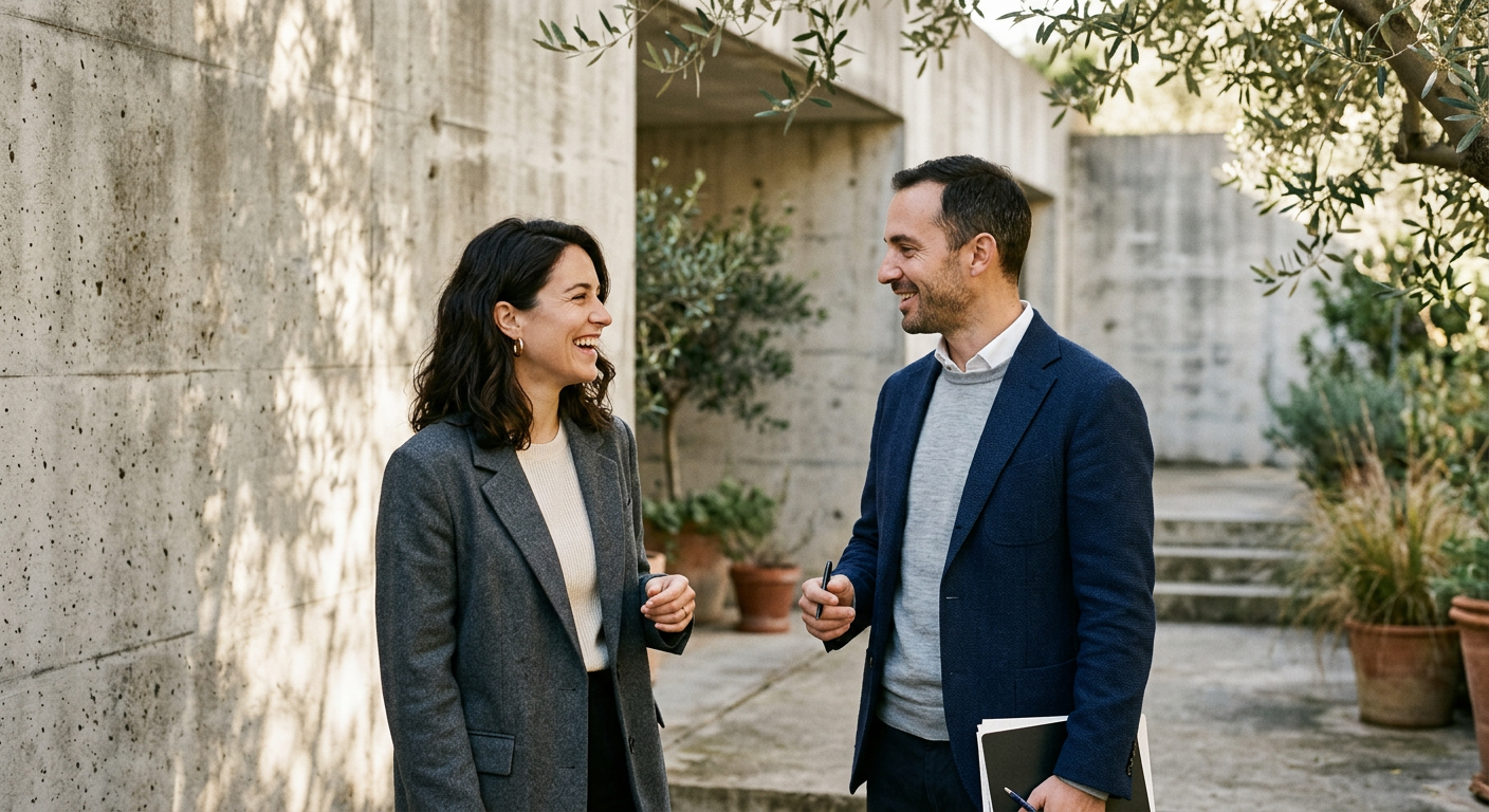 Two people talking outdoors, one explaining the community to the other