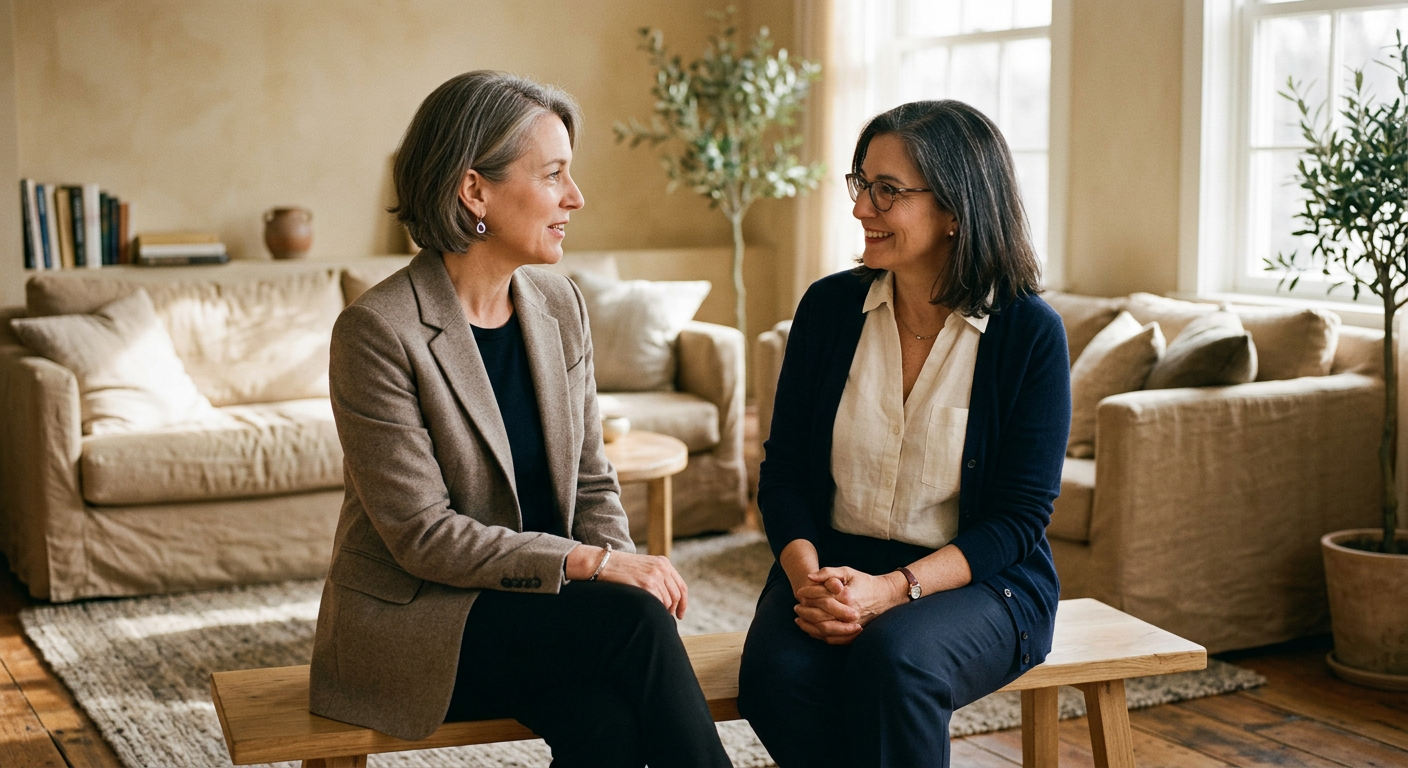 Two people in conversation inside a sunlit room